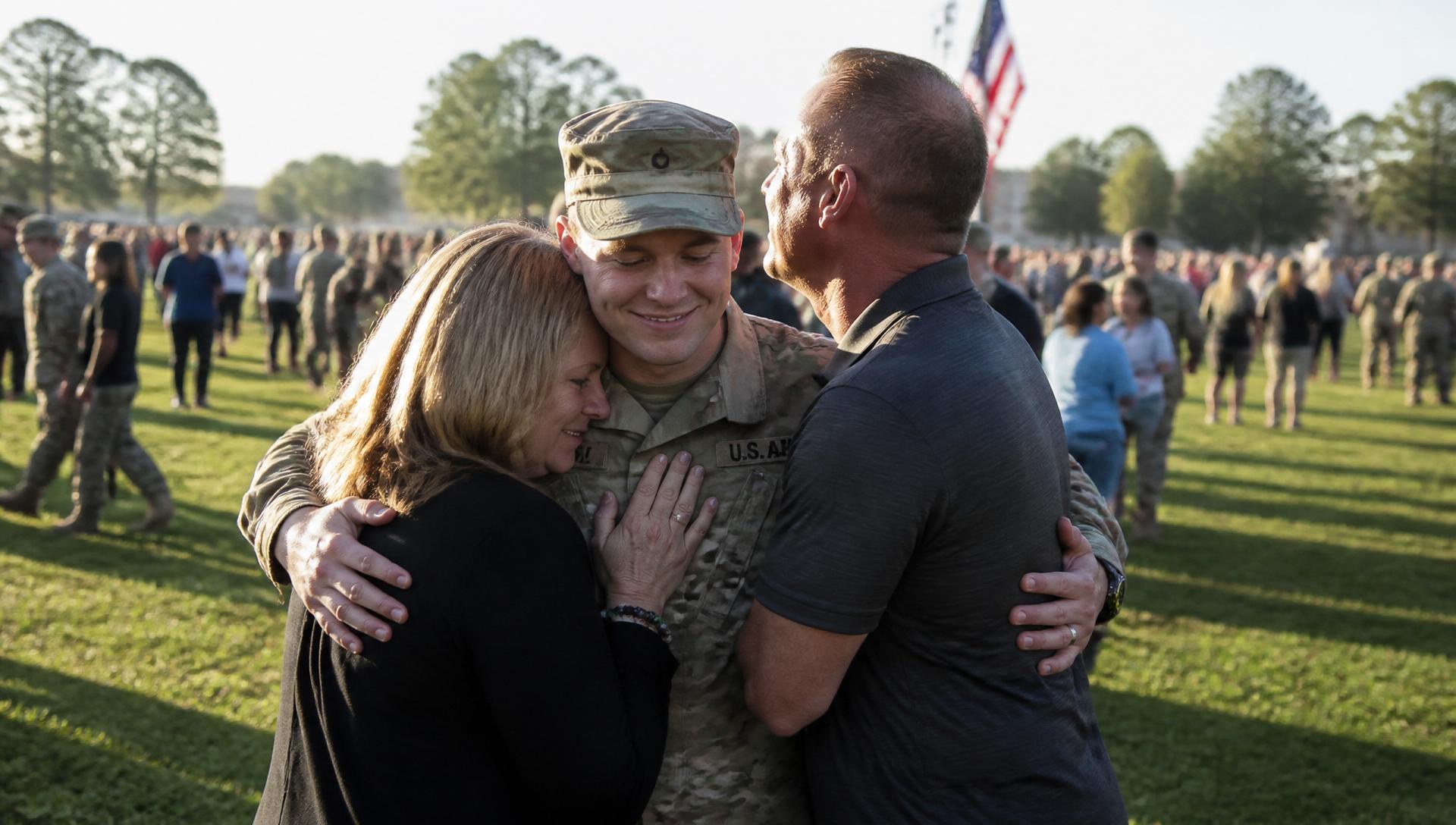 A soldier embracing his parents after Fort Jackson graduation